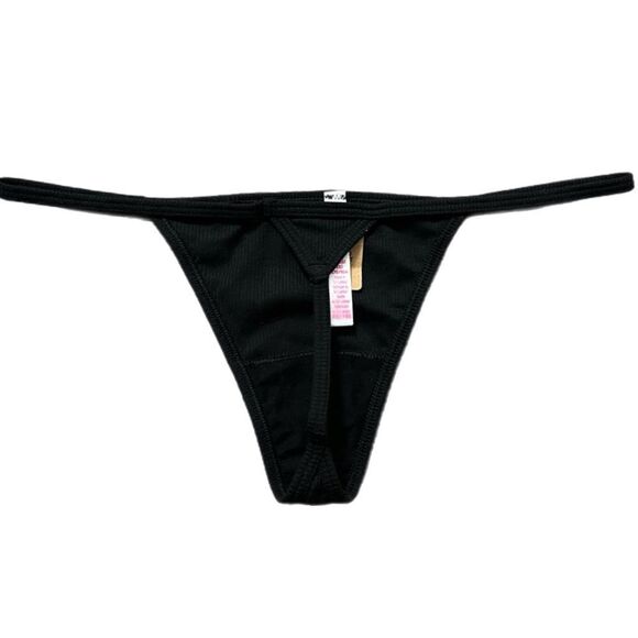 Victorias Secret Pink Soft Cotton Ribbed V String panty Black Medium - Picture 2 of 4
